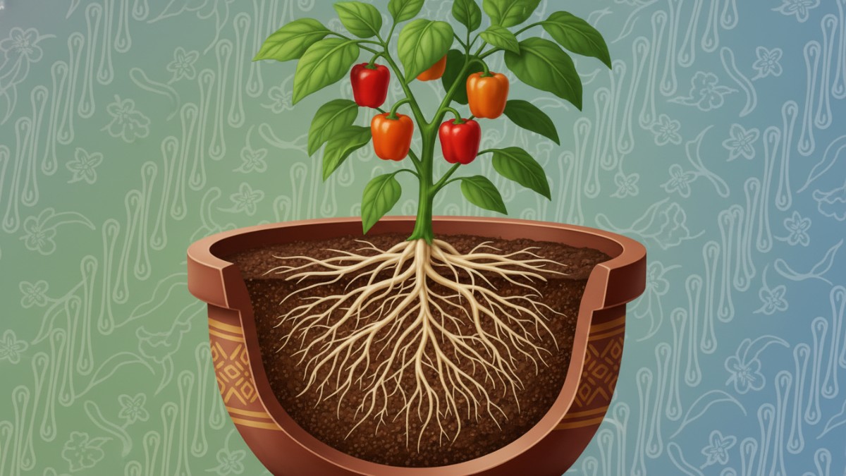 Ilustrasi ukuran pot tanaman paprika yang ideal untuk pertumbuhan akar.
