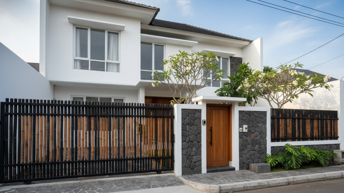 Pagar rumah rustic dari bambu dan batu alam pada hunian tropis modern.