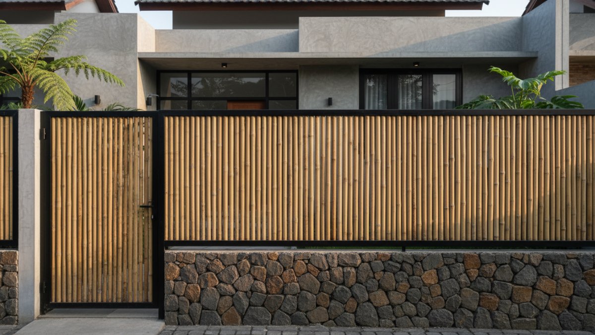 Detail tekstur bambu dan batu alam pada pagar rumah rustic.