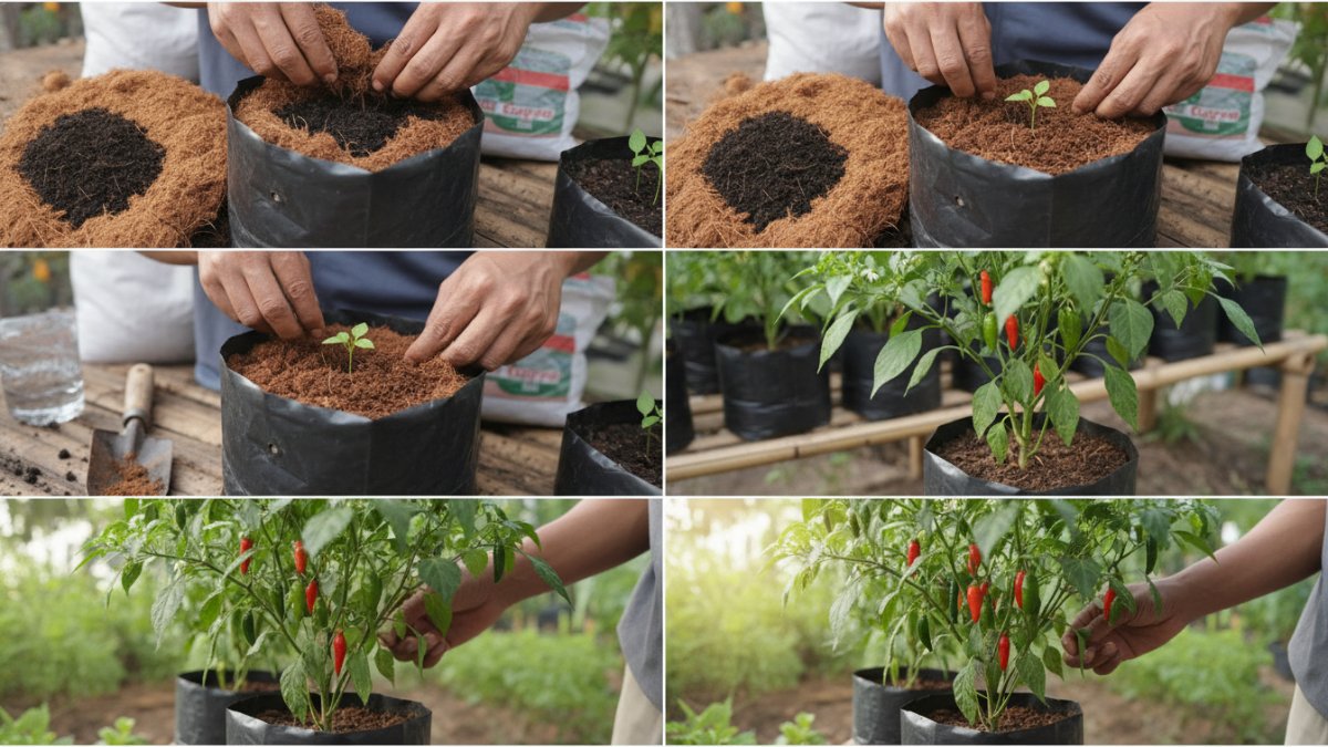 Tahapan menanam cabai di polybag dengan campuran cocopeat dan kompos.
