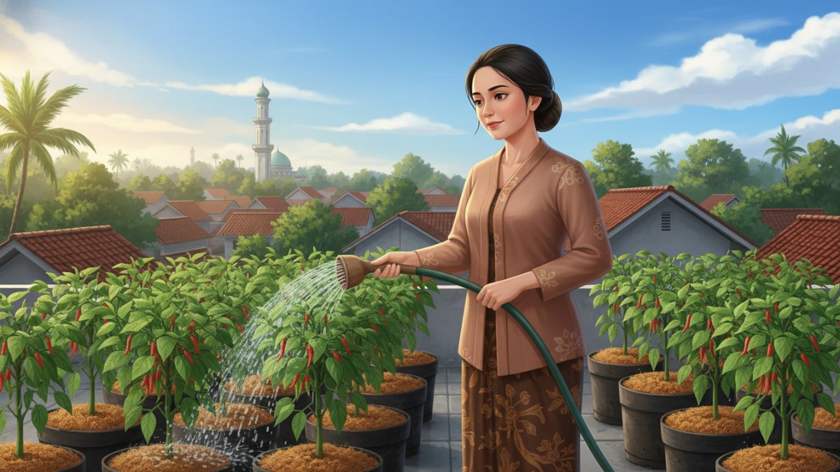 Ilustrasi penyiraman cabai pada media cocopeat di kebun rumah.