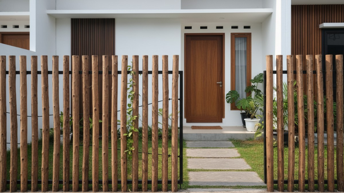 Contoh kesalahan desain pagar rustic dengan kombinasi material yang terlalu ramai.