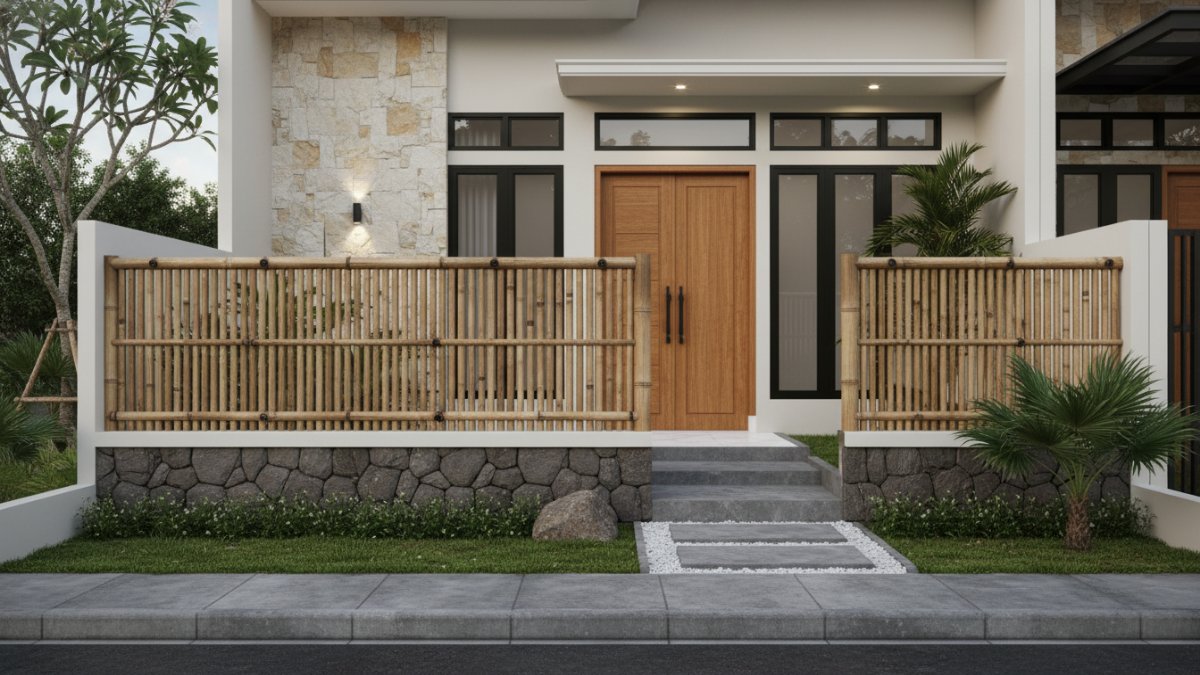Ilustrasi ukuran standar pagar rumah rustic dan struktur pondasi batu alam.