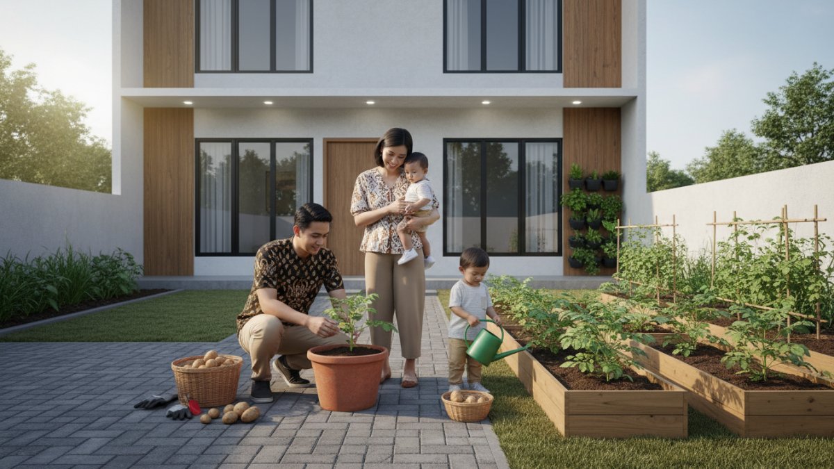 Tanaman kentang tumbuh di pot besar di halaman rumah, contoh urban farming sederhana untuk sumber karbohidrat rumahan.