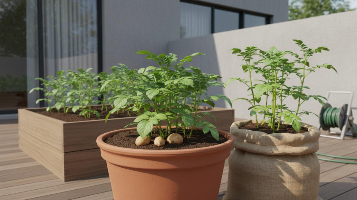 Bibit kentang bertunas siap ditanam dalam pot sebagai langkah awal berkebun kentang di rumah.