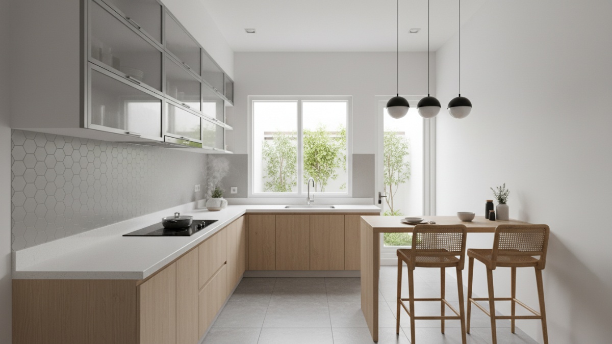 Contoh dapur minimalis dengan lemari gantung aluminium yang memanfaatkan ruang vertikal secara efisien.