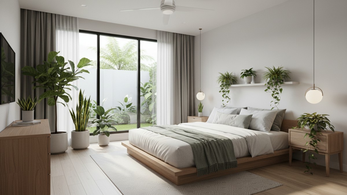Tanaman indoor di kamar tidur minimalis membantu menciptakan udara segar dan suasana rileks untuk kualitas tidur.