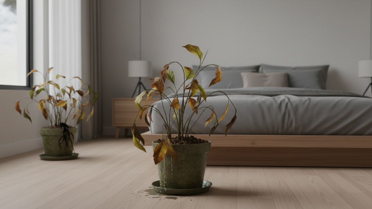 Contoh tanaman indoor yang salah penempatan sehingga mudah layu di ruangan minim cahaya.