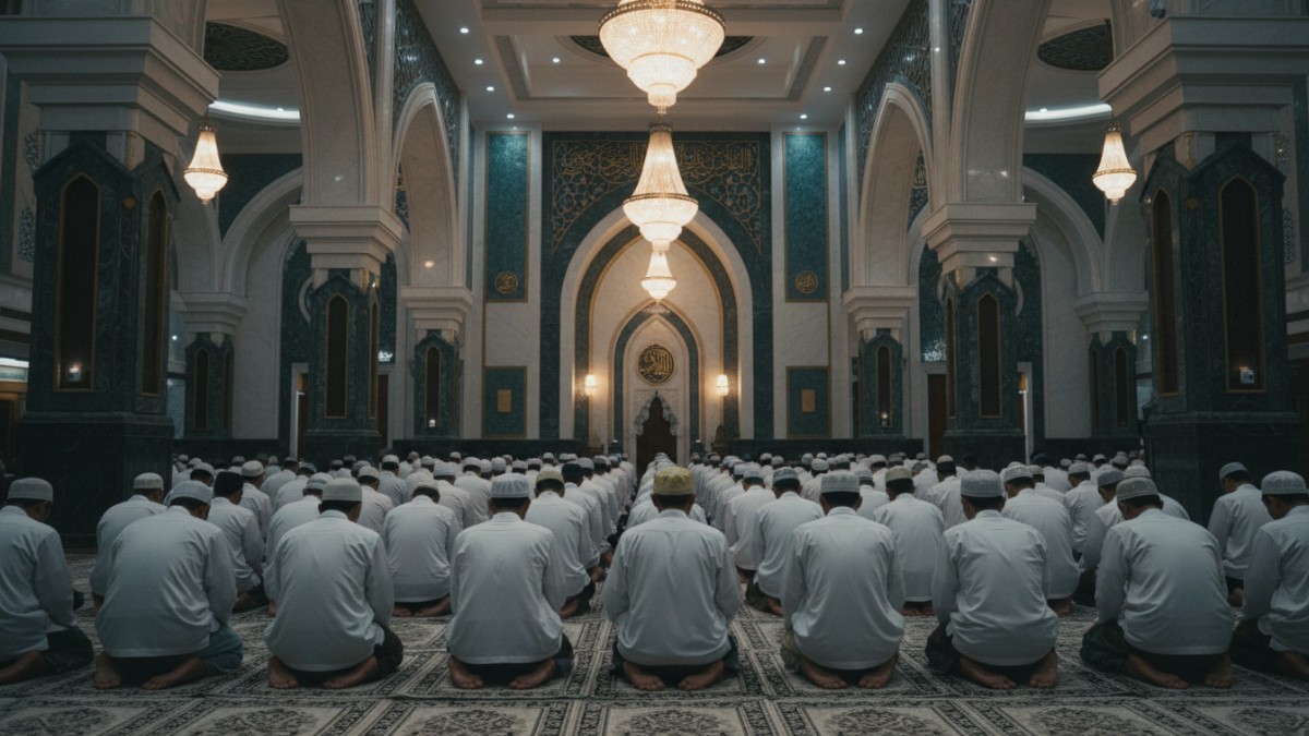 Ilustrasi suasana ibadah malam Ramadhan yang menggambarkan pencarian Lailatul Qadar penuh keberkahan.