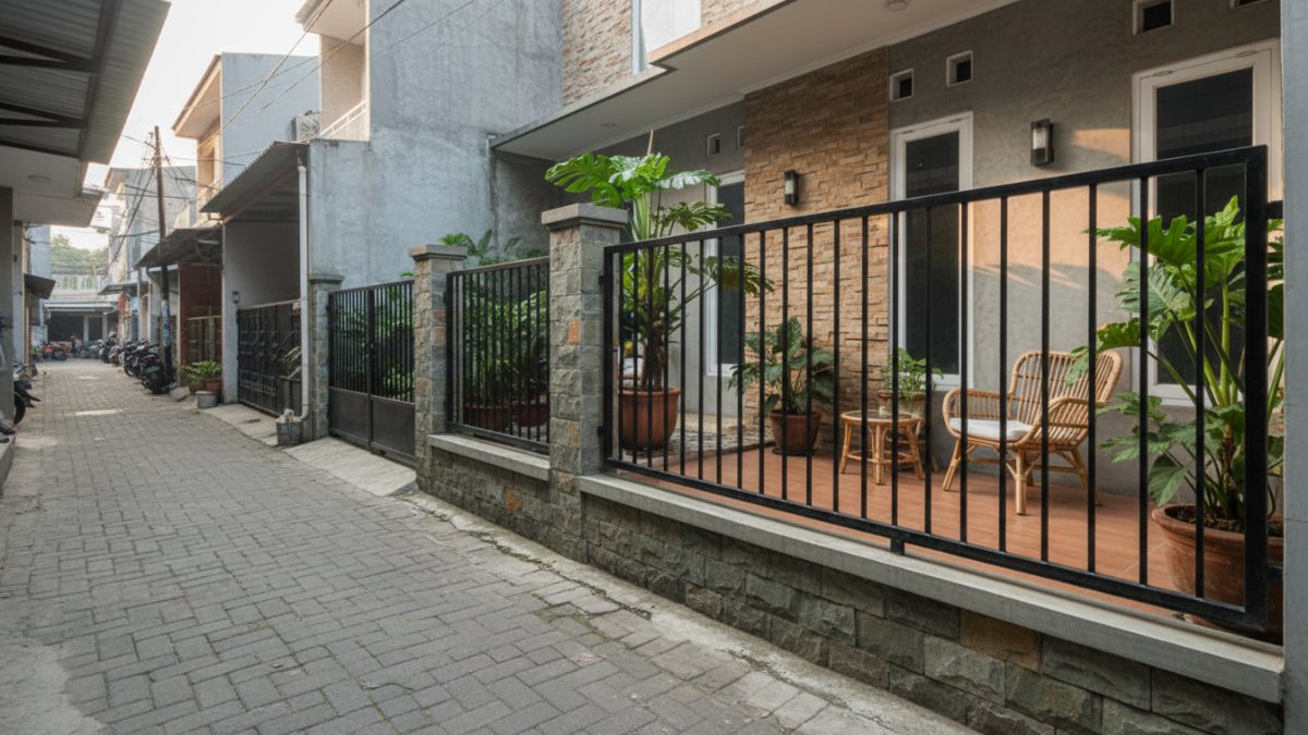 Pagar rumah minimalis elegan di gang sempit kampung dengan desain modern besi hollow yang membuat fasad rumah kecil terlihat rapi.