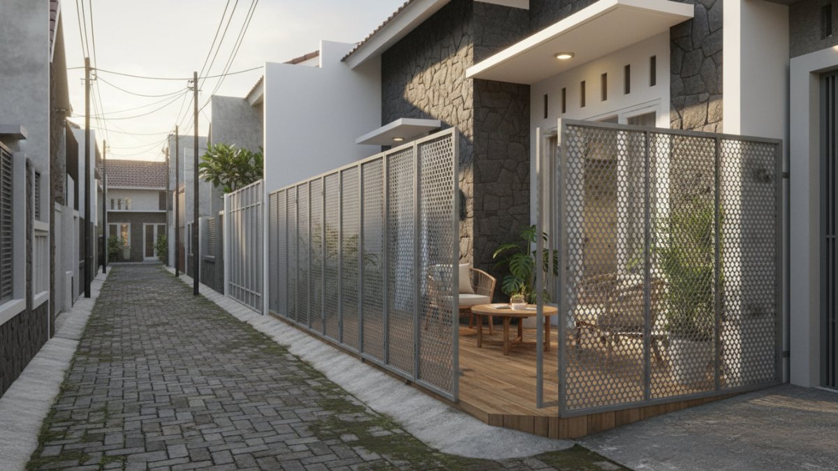 Contoh desain pagar rumah minimalis yang ringan secara visual untuk hunian kecil di gang sempit.