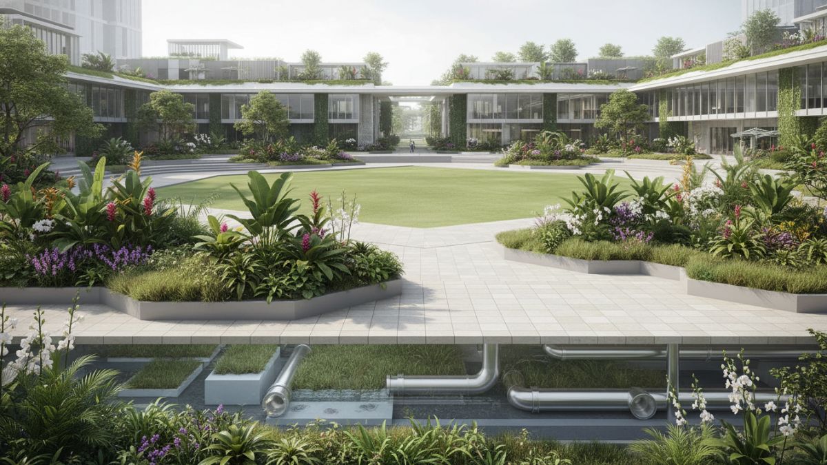 Taman kota dengan konsep Sponge City landscape yang dirancang menyerap air hujan dan menciptakan ruang hijau perkotaan modern.
