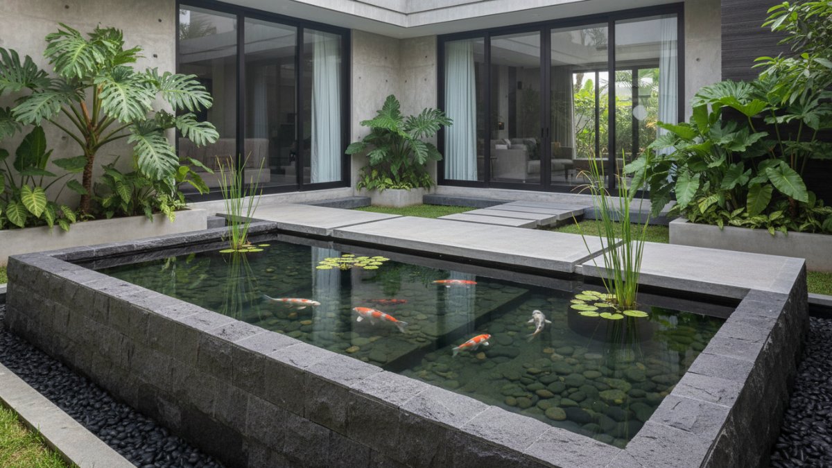 Kolam ikan dengan material  Batu Alam Andesit