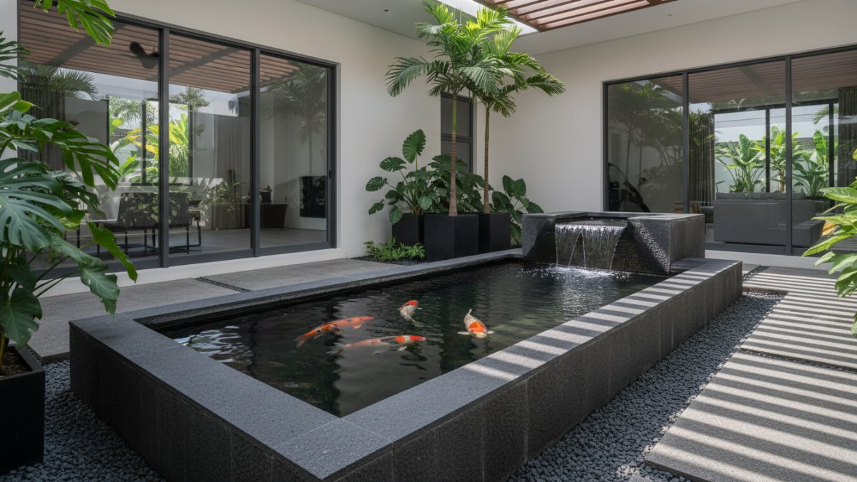 Kolam taman menggunakan batu kali alami dengan aliran air kecil yang memberi efek natural garden.