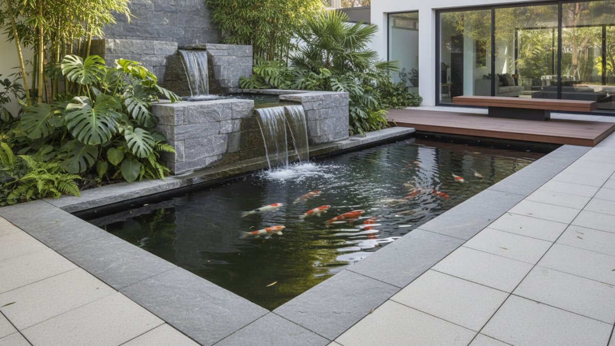 Kolam hias taman rumah modern dengan kombinasi batu alam dan air terjun kecil yang memberi suasana tropis alami.