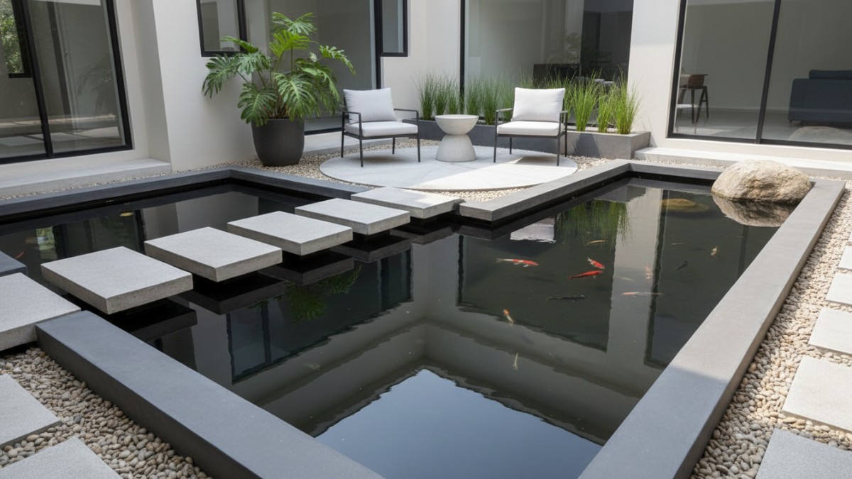 Kolam ikan hias jadi area santai dengan material Beton Bertulang dengan Waterproofing