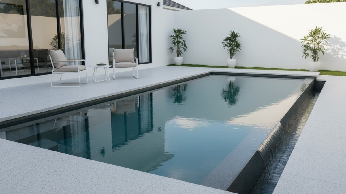 Kolam renang keluarga minimalis ukuran 6x2 meter dengan finishing batu alam di halaman rumah modern tropis