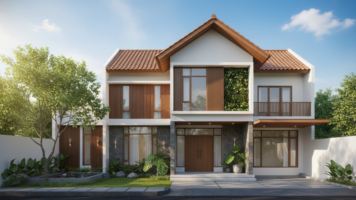Rumah modern tropis dengan atap tinggi, ventilasi alami, dan taman hijau menciptakan hunian adem di iklim Indonesia.
