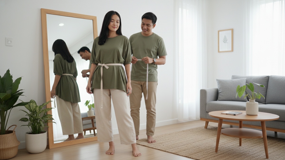 Pakaian longgar yang sedang disesuaikan ukurannya di rumah menggunakan trik sederhana. 