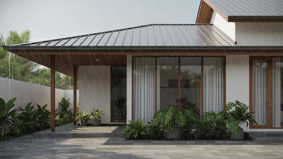 Contoh rumah tropis modern yang menggabungkan teritisan atap panjang.