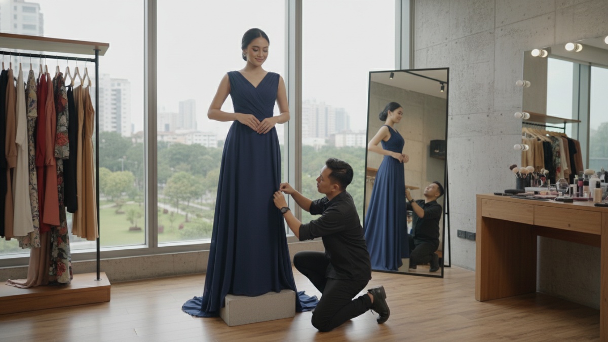 Trik stylist menggunakan peniti tersembunyi untuk menyesuaikan ukuran pakaian. 