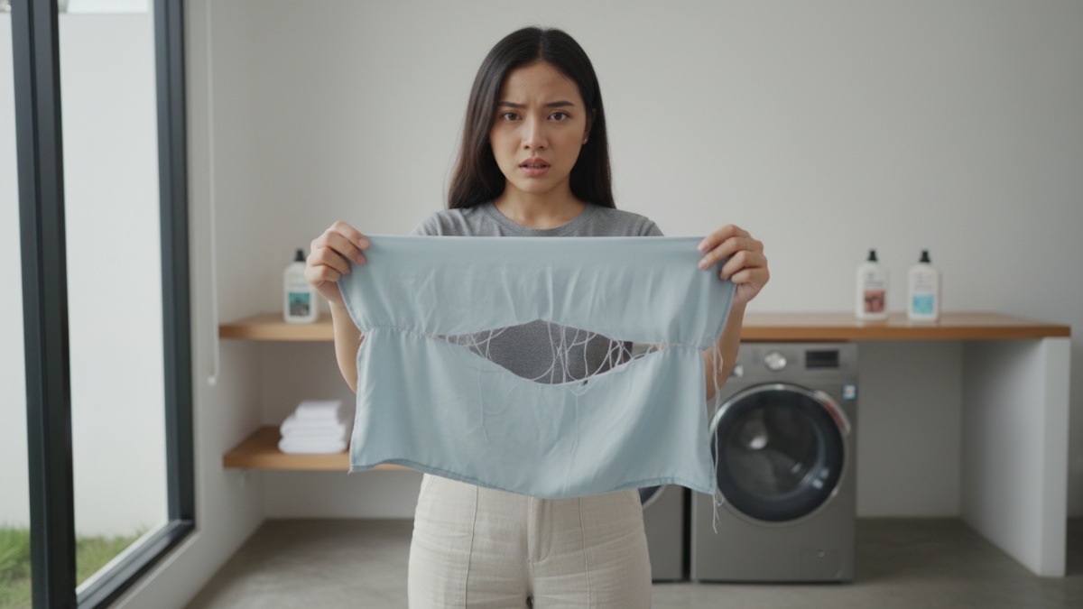 Contoh kesalahan saat menarik kain pakaian terlalu kuat. 