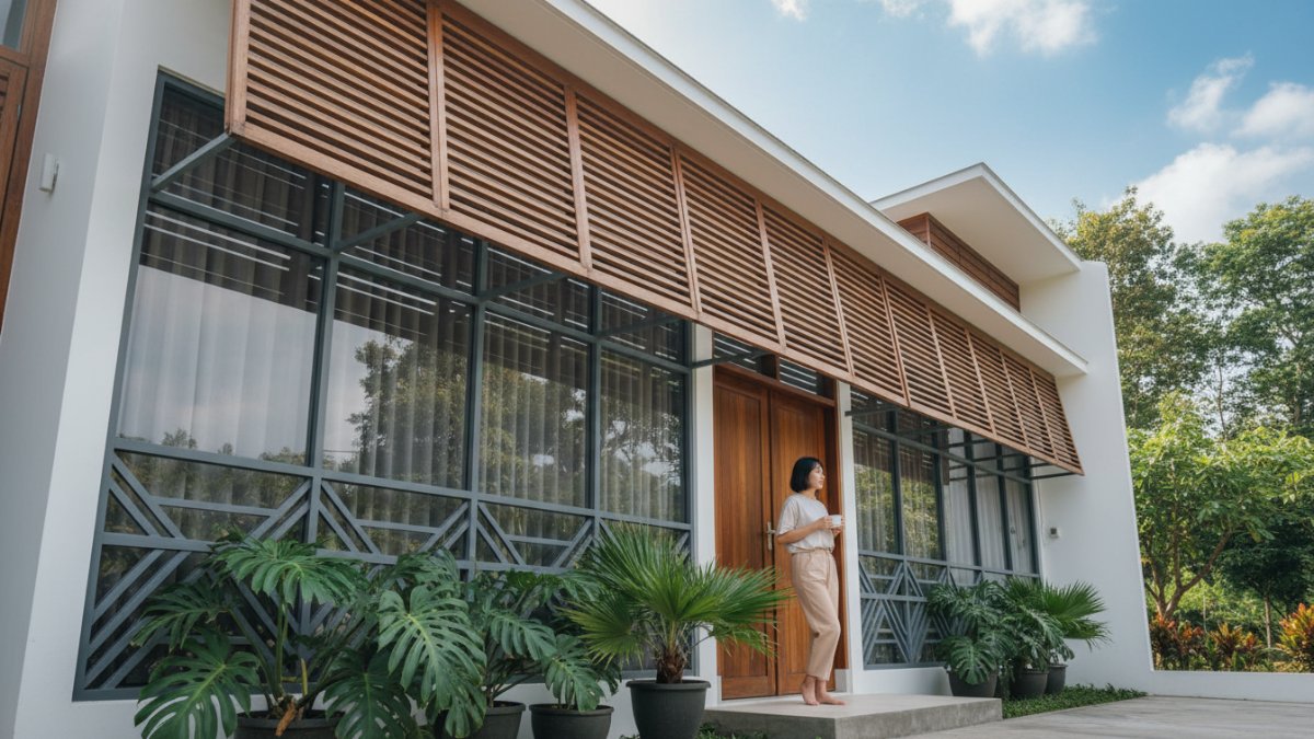 Pelindung jendela rumah tropis modern yang membantu menghalangi panas matahari dan hujan pada fasad rumah minimalis. 