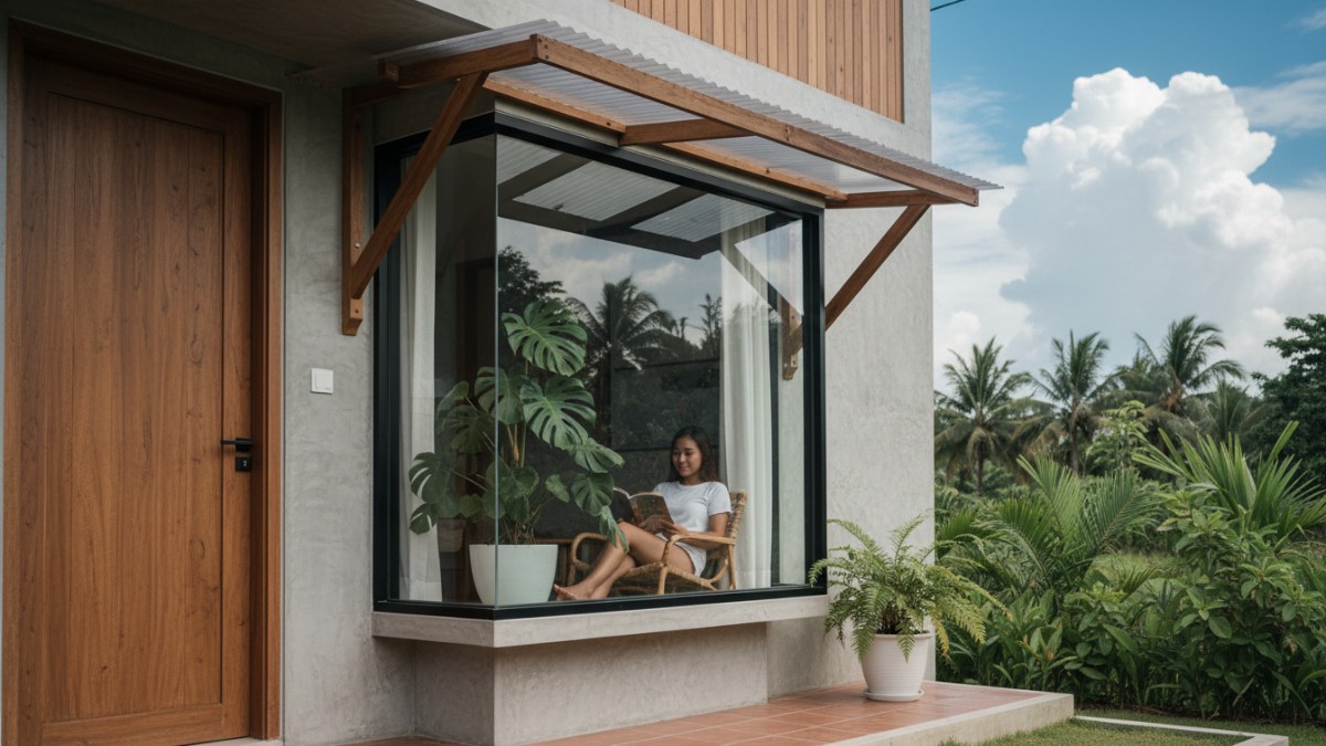 Contoh jendela rumah tropis dengan kanopi sederhana yang melindungi kaca dari hujan dan panas. 