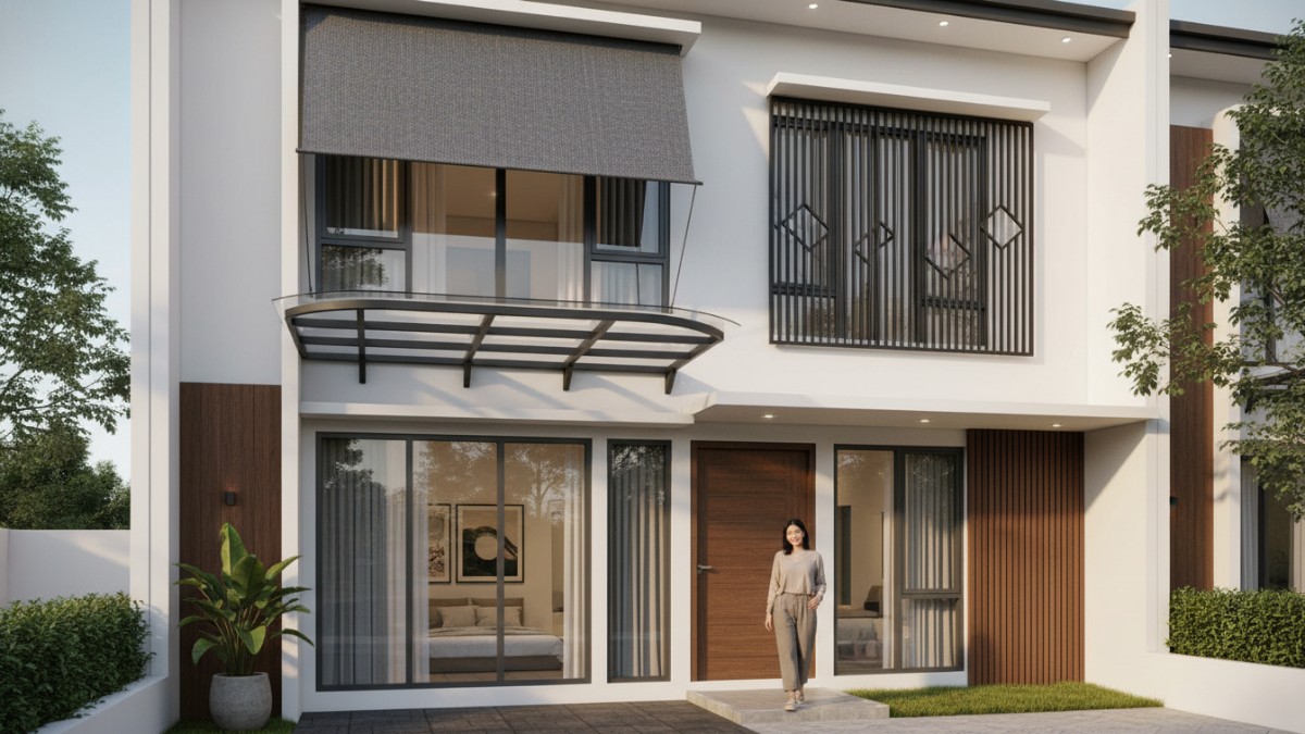 Berbagai model pelindung jendela seperti kanopi kaca, awning kain, dan kisi aluminium pada rumah modern. 
