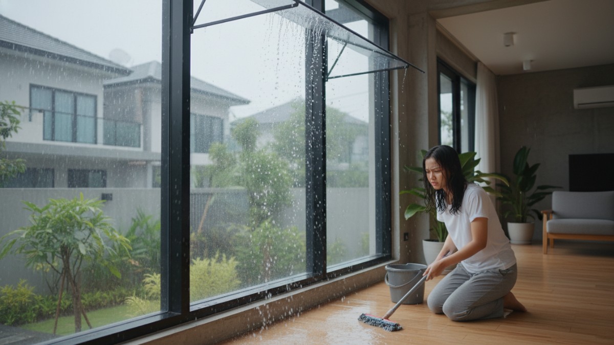 Contoh kesalahan pemasangan pelindung jendela yang terlalu pendek sehingga air hujan masih masuk. 