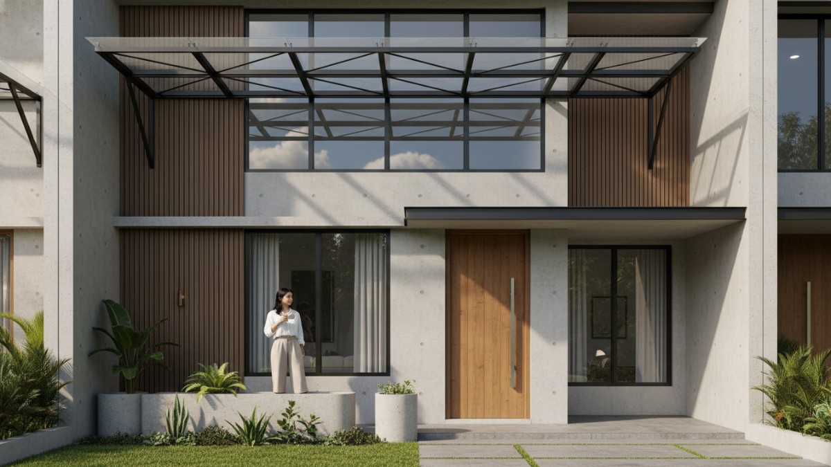 Detail ukuran kanopi jendela dengan rangka besi dan kaca tempered pada rumah minimalis. 