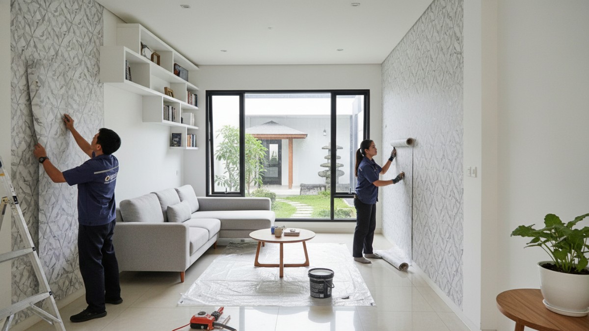 Proses pemasangan wallpaper pada dinding rumah minimalis yang membuat ruangan terlihat lebih menarik dan modern. 