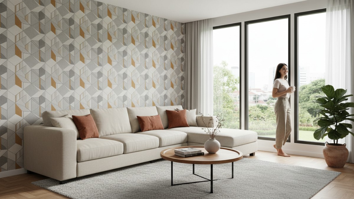 Contoh ruang tamu dengan wallpaper motif geometris yang memberikan karakter kuat pada interior rumah. 
