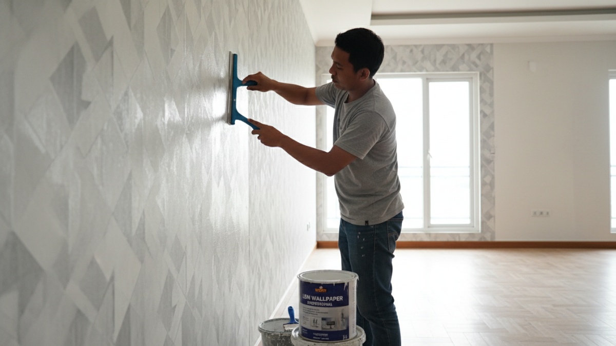 Langkah pemasangan wallpaper menggunakan alat scraper dan lem khusus agar hasil rapi. 