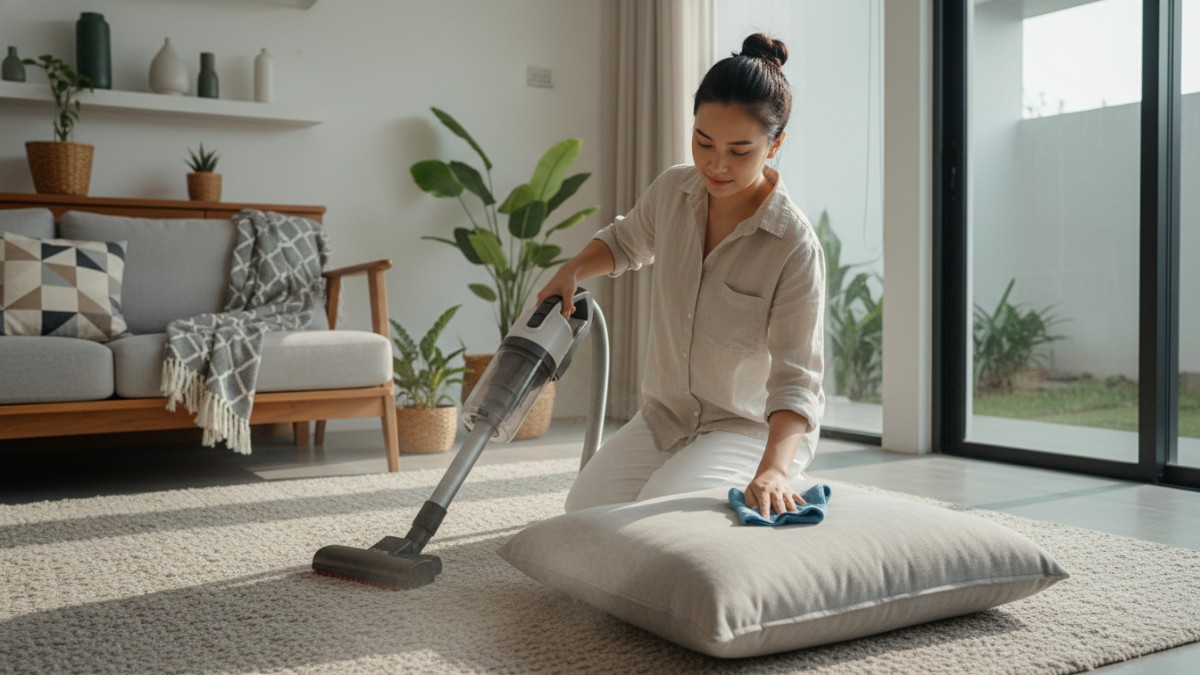 Proses membersihkan bantal sofa menggunakan vacuum dan kain microfiber. 