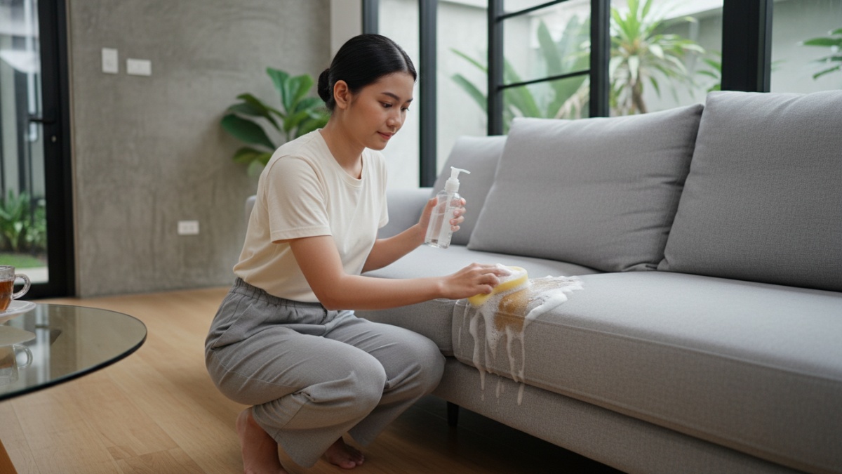 Contoh noda pada bantal sofa yang dibersihkan dengan sabun lembut. 