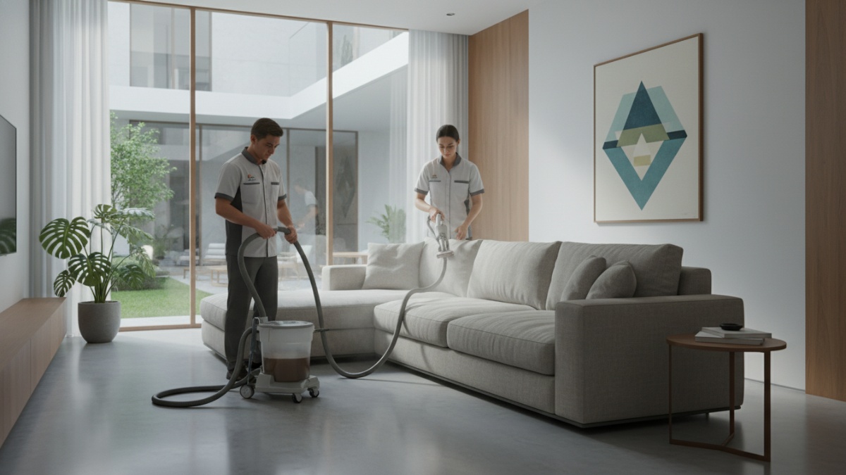 Jasa pembersihan sofa profesional menggunakan mesin pembersih upholstery. 