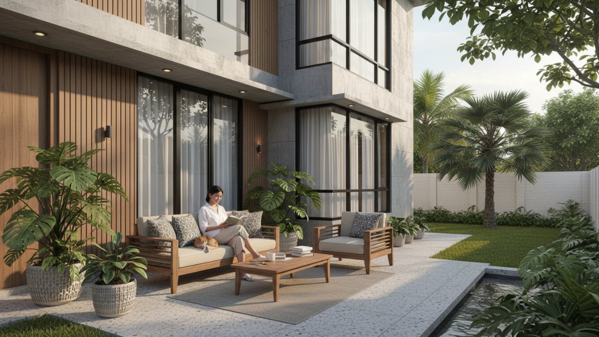 Teras rumah minimalis dengan sofa kayu dan tanaman hijau menciptakan ruang duduk santai di halaman depan. 