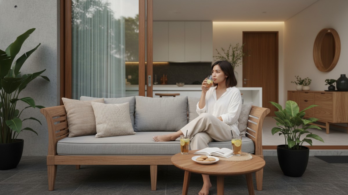 Contoh sofa kayu klasik panjang di teras rumah dengan meja kecil untuk minuman sore. 