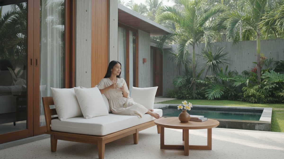 Sofa kayu minimalis modern ditempatkan di teras rumah bergaya tropis. 