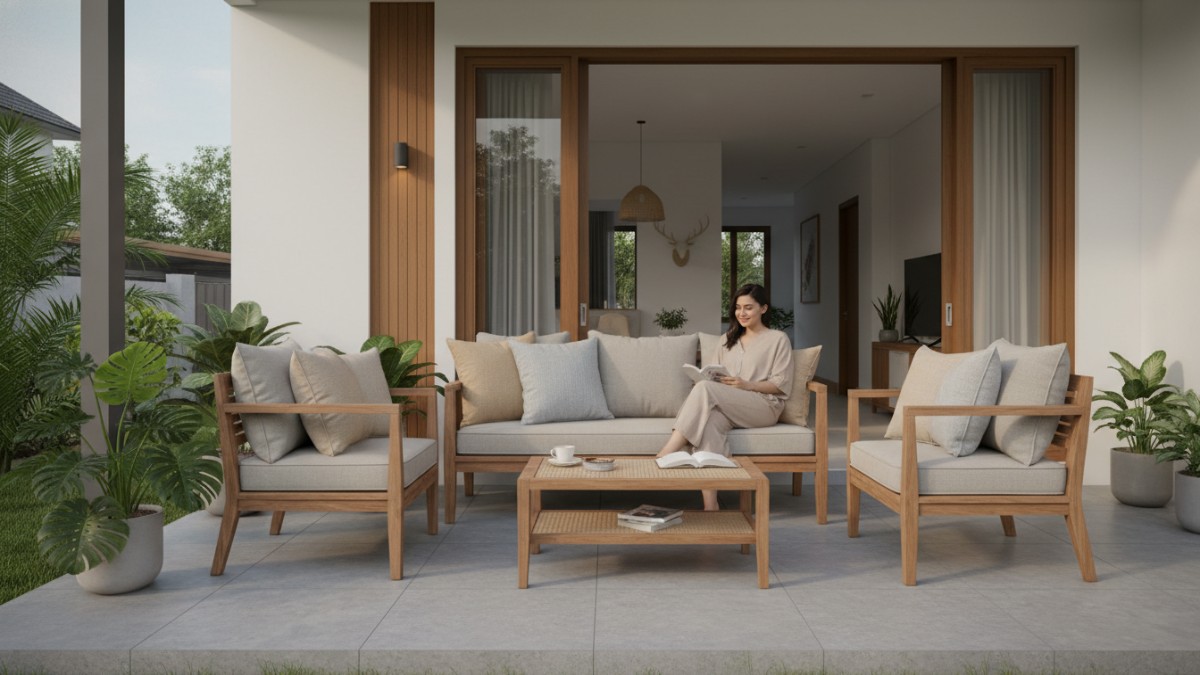 Penataan sofa kayu dengan bantalan netral untuk ruang duduk santai di teras. 