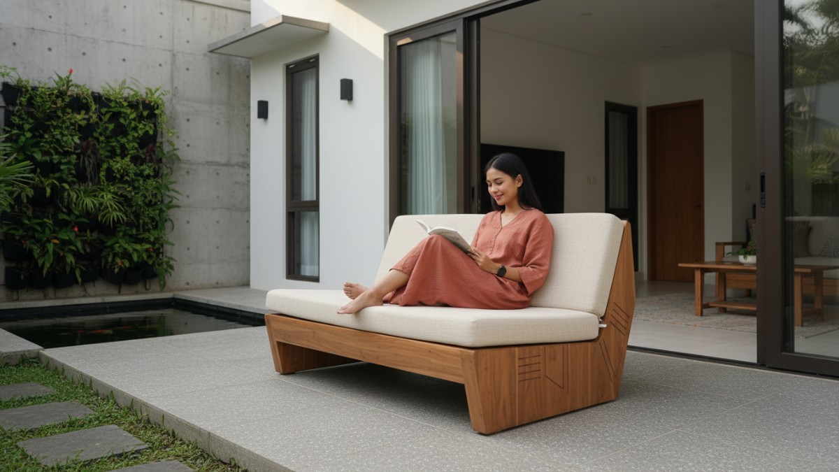 Ilustrasi ukuran sofa kayu ergonomis untuk area teras rumah. 