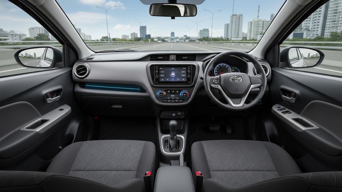 Interior mobil LCGC modern dengan layar sentuh dan fitur hiburan terbaru.
