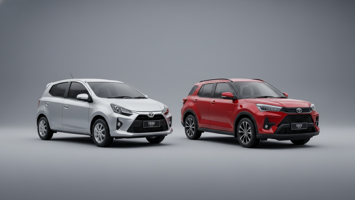 Perbandingan tampilan mobil LCGC dengan small SUV seperti Toyota Raize dan Daihatsu Rocky.