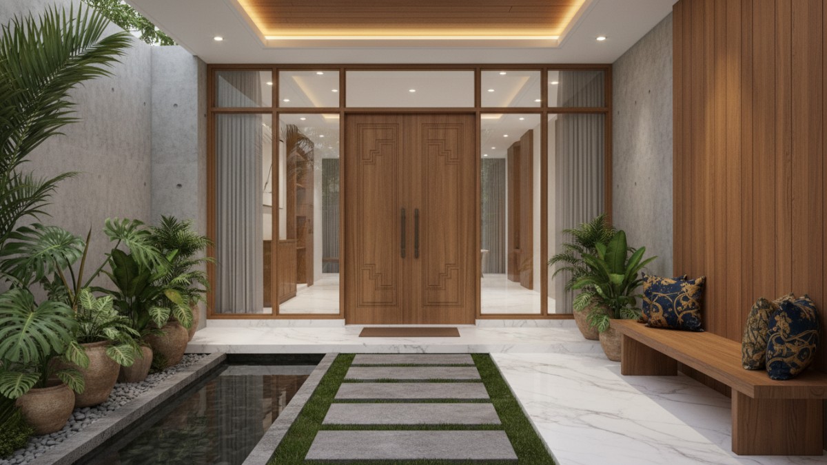 Ilustrasi area entryway rumah dengan tanaman hias sebagai dekorasi utama.