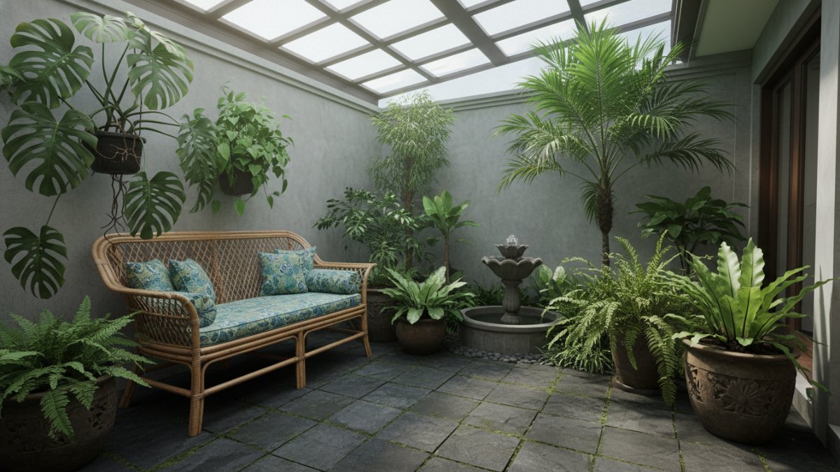 Sudut taman dalam rumah Jika rumah memiliki taman kecil, sisakan satu sudut untuk kursi santai. Tanaman seperti monstera, palem, atau pakis membantu meningkatkan kualitas udara dalam ruangan.