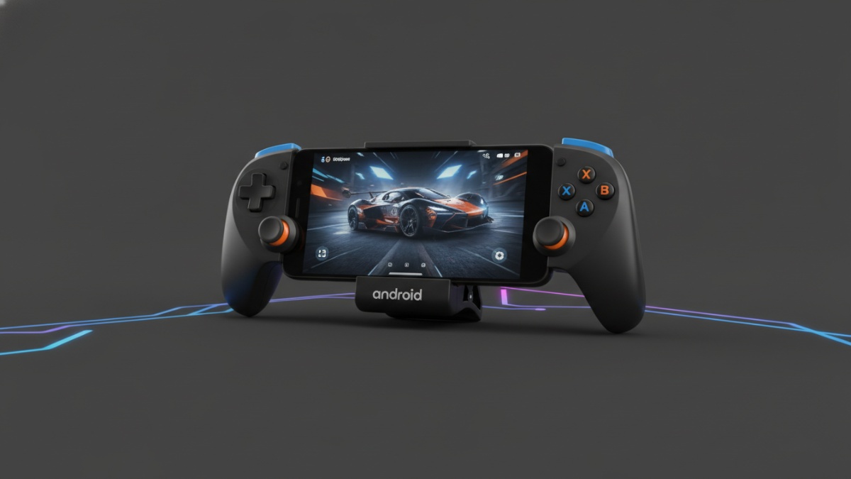 Smartphone Android murah dipasang controller clip-on sehingga berubah tampilan seperti konsol game portabel.