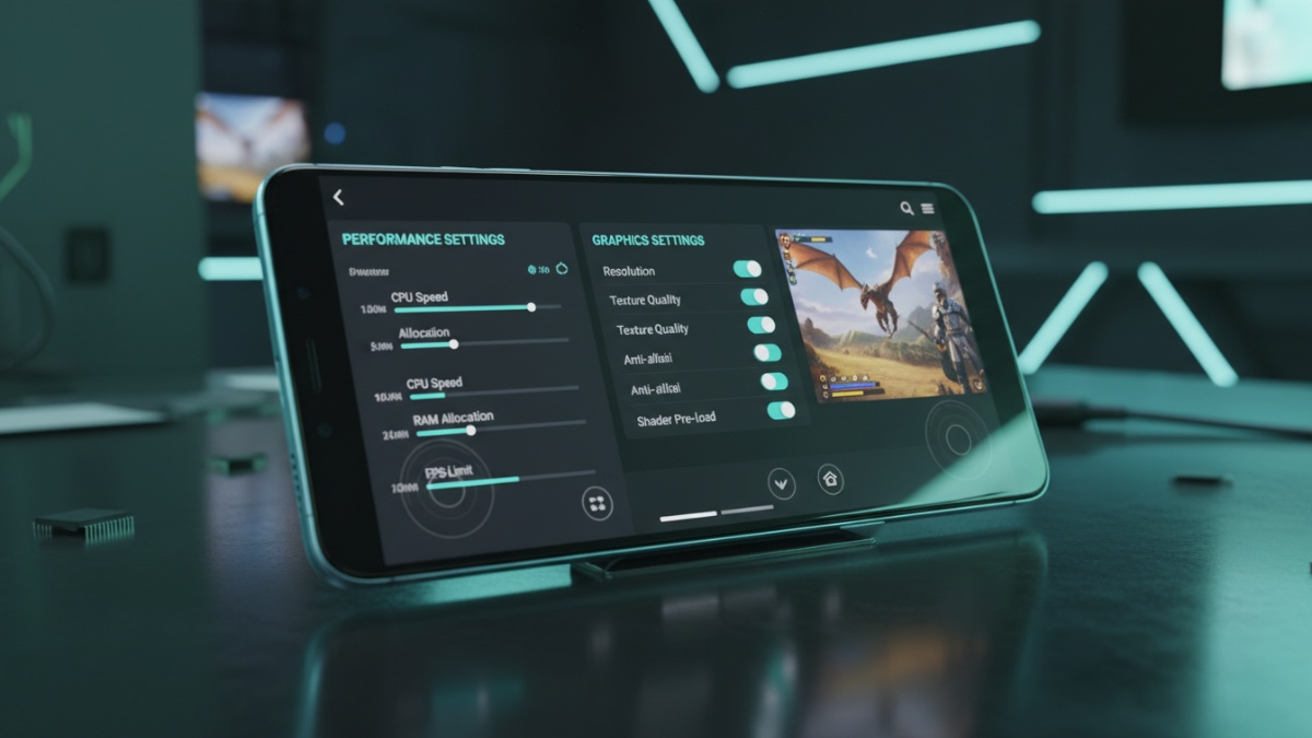 Pengaturan emulator di smartphone untuk menyesuaikan performa game dan grafis.