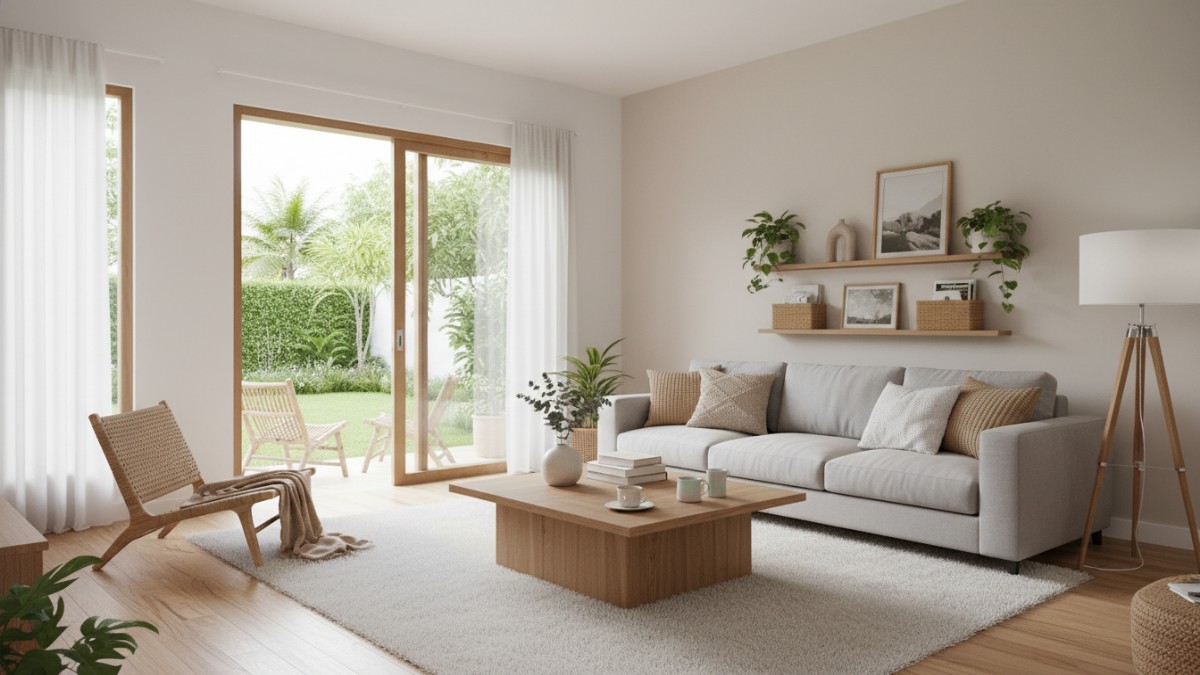 Interior ruang tamu minimalis bergaya Skandinavia hygge dengan warna netral, furnitur kayu, dan pencahayaan alami yang hangat.