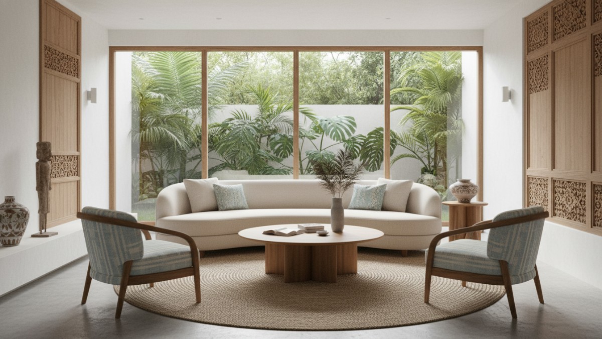 Contoh ruang tamu Skandinavia dengan sofa melengkung dan tekstil lembut.